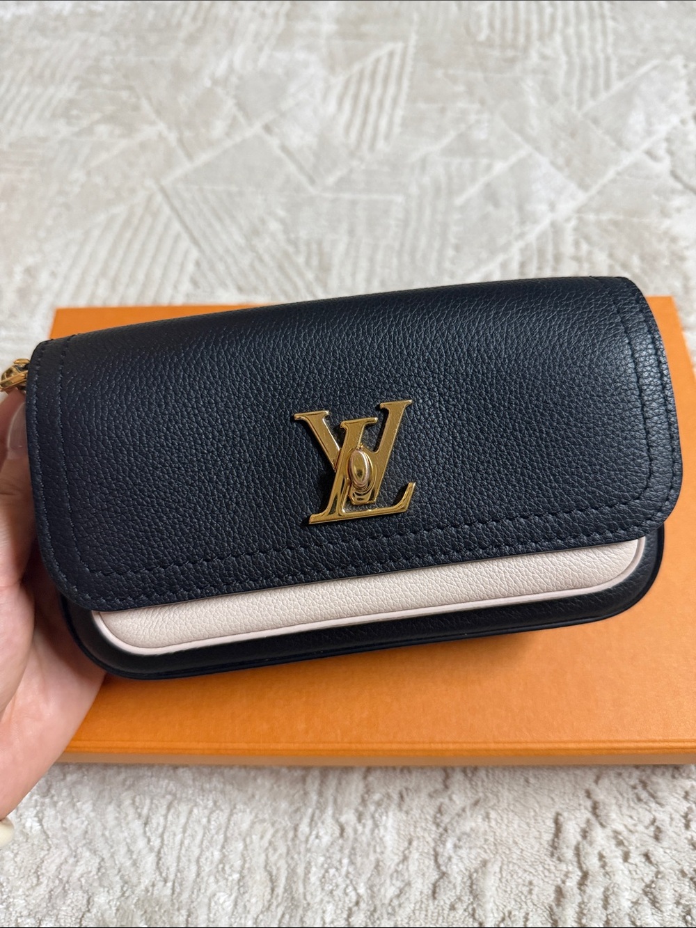 Louis Vuitton Lockme Tender Pouchette Shoulder Bag & Crossbody Gold LV Hardware.